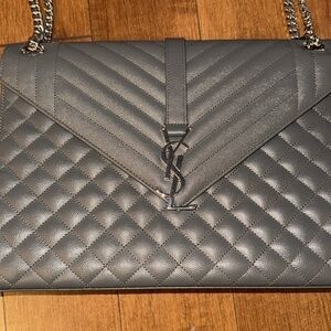 Saint Laurent Quilted Chevron & Diamond Chain Shoulder Bag in Gray